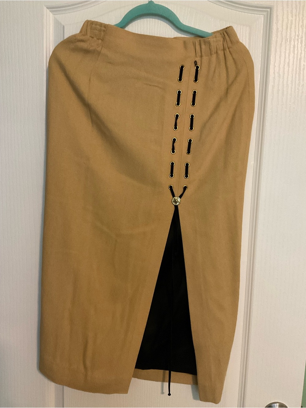 Tan Pencil Skirt with Front Grommet Detail